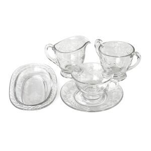 Fostoria Holly Clear Laurel Cut 5 Piece Lot Sugar Creamer Cup Saucer Pickle Dish
